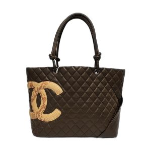 Chanel Cambon Large Tote Olive Green Calfskin Leather Snakeskin Logo