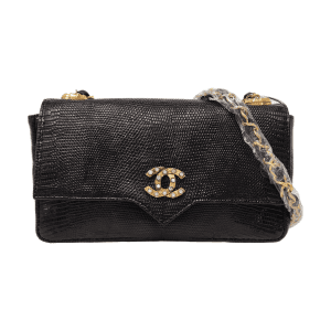 Chanel Classic Flap Mini Vintage Black Lizard Embossed Leather Gem CC Buckle Crossbody Bag