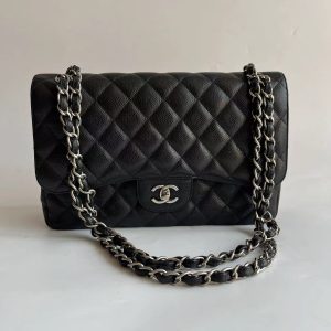 Chanel Classic Flap Jumbo Black Caviar Leather Double Flap Silver Hardware 2011