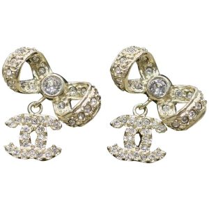 Chanel Light Gold Ribbon Bow CC Crystal Earrings