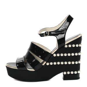 CHANEL CALFSKIN GROSGRAIN PEARL CC WEDGE SANDALS