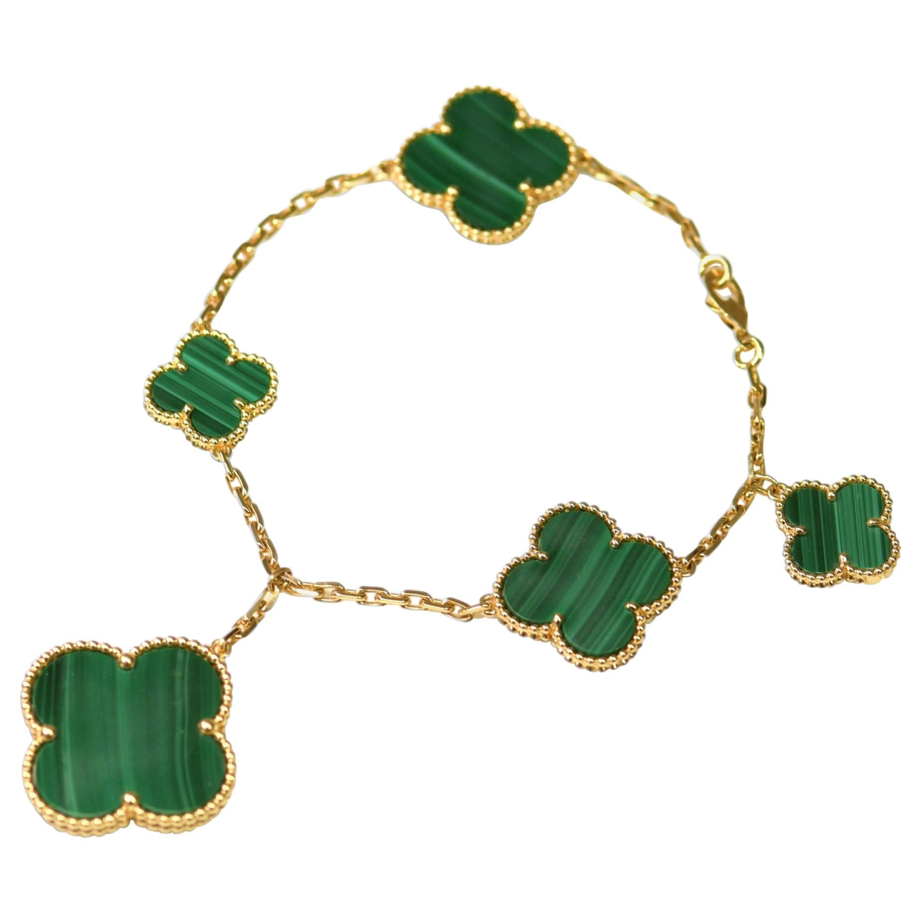 Van Cleef & Arpels MAGIC CLOVER MALACHITE GOLD BRACELET 5 MOTIFS