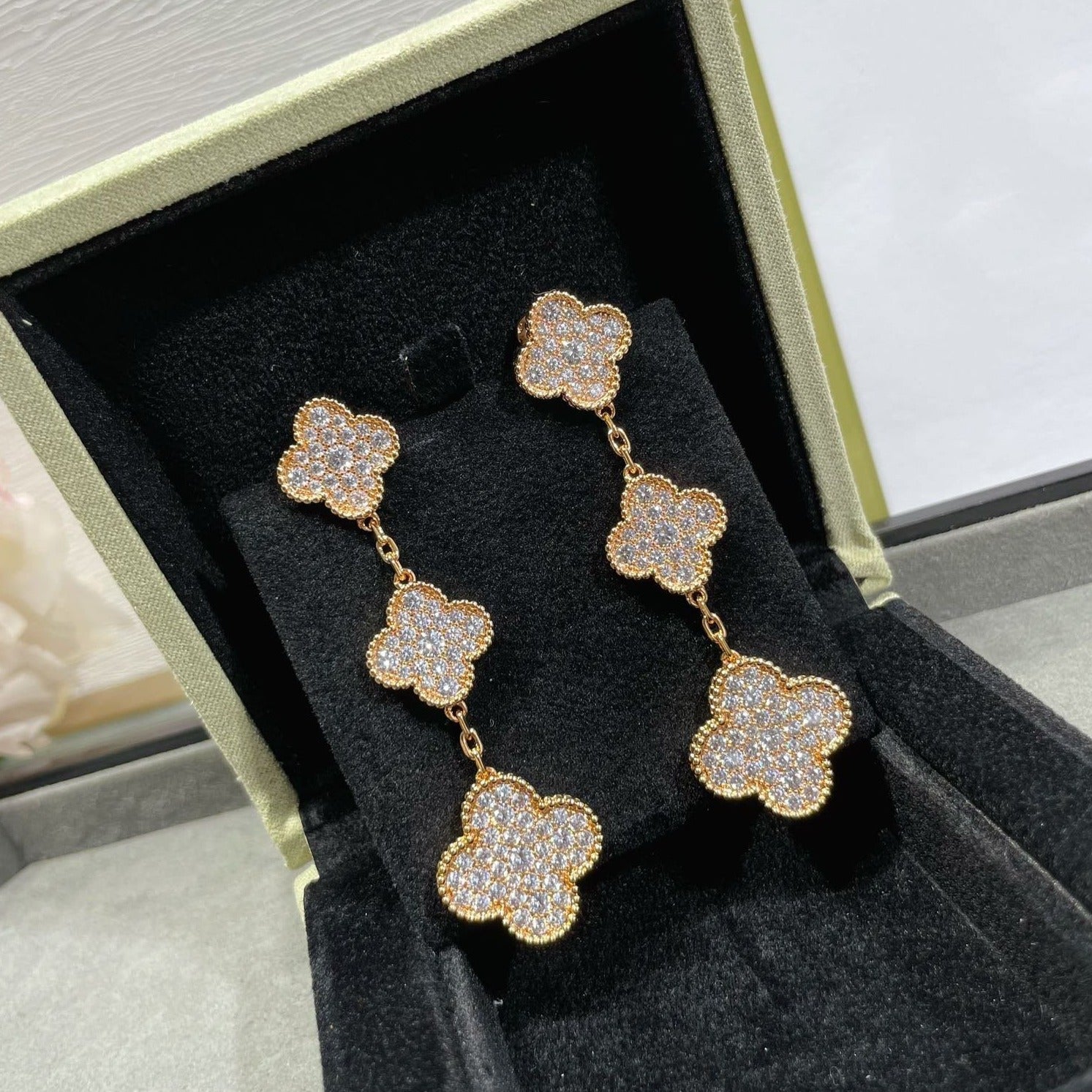 Van Cleef & Arpels CLOVER 3 MOTIFS DIAMOND PAVED ROSE GOLD EARRINGS - Image 3