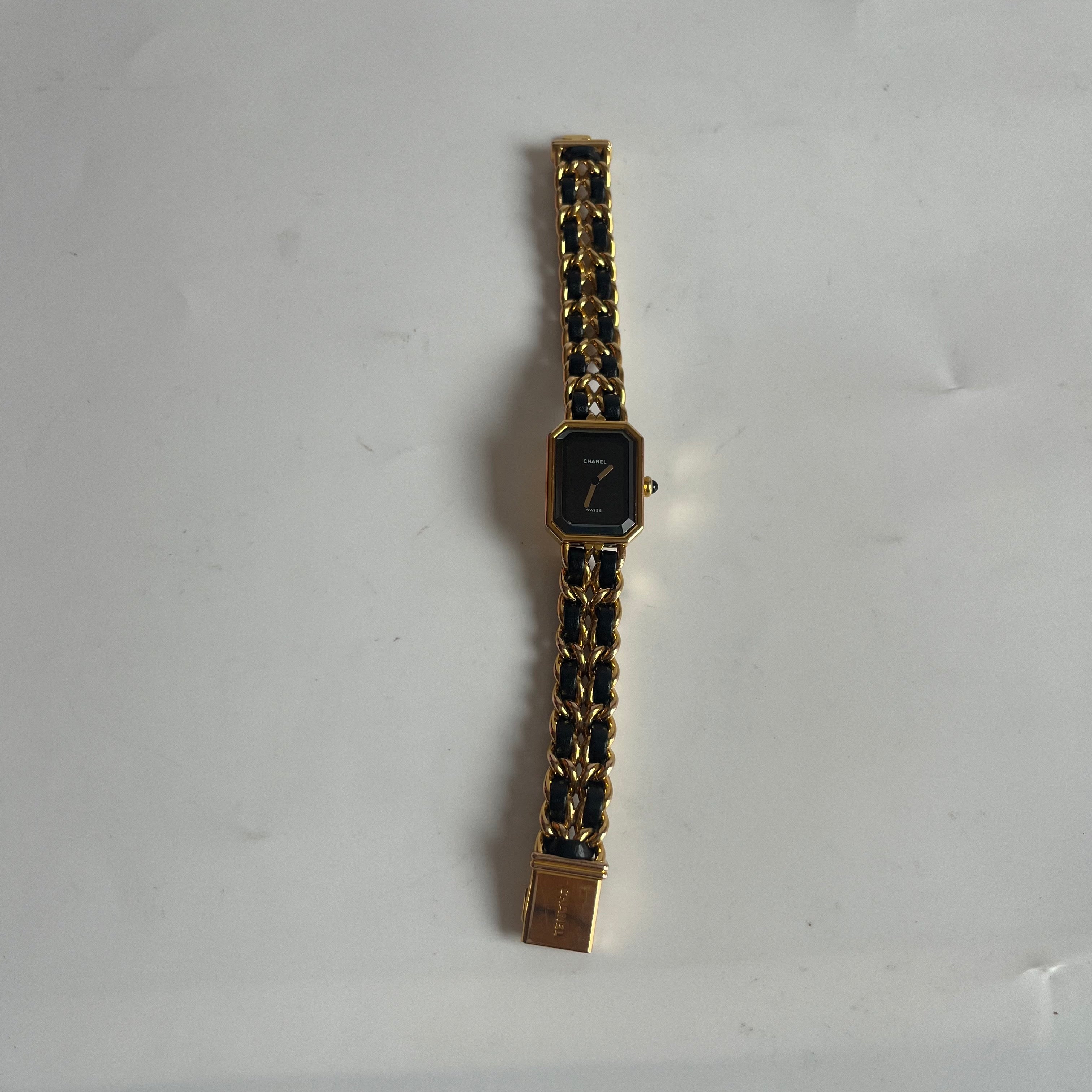 CHANEL 1987 Vintage PREMIERE Watch L Black Leather and 24KT Yellow Gold Plated