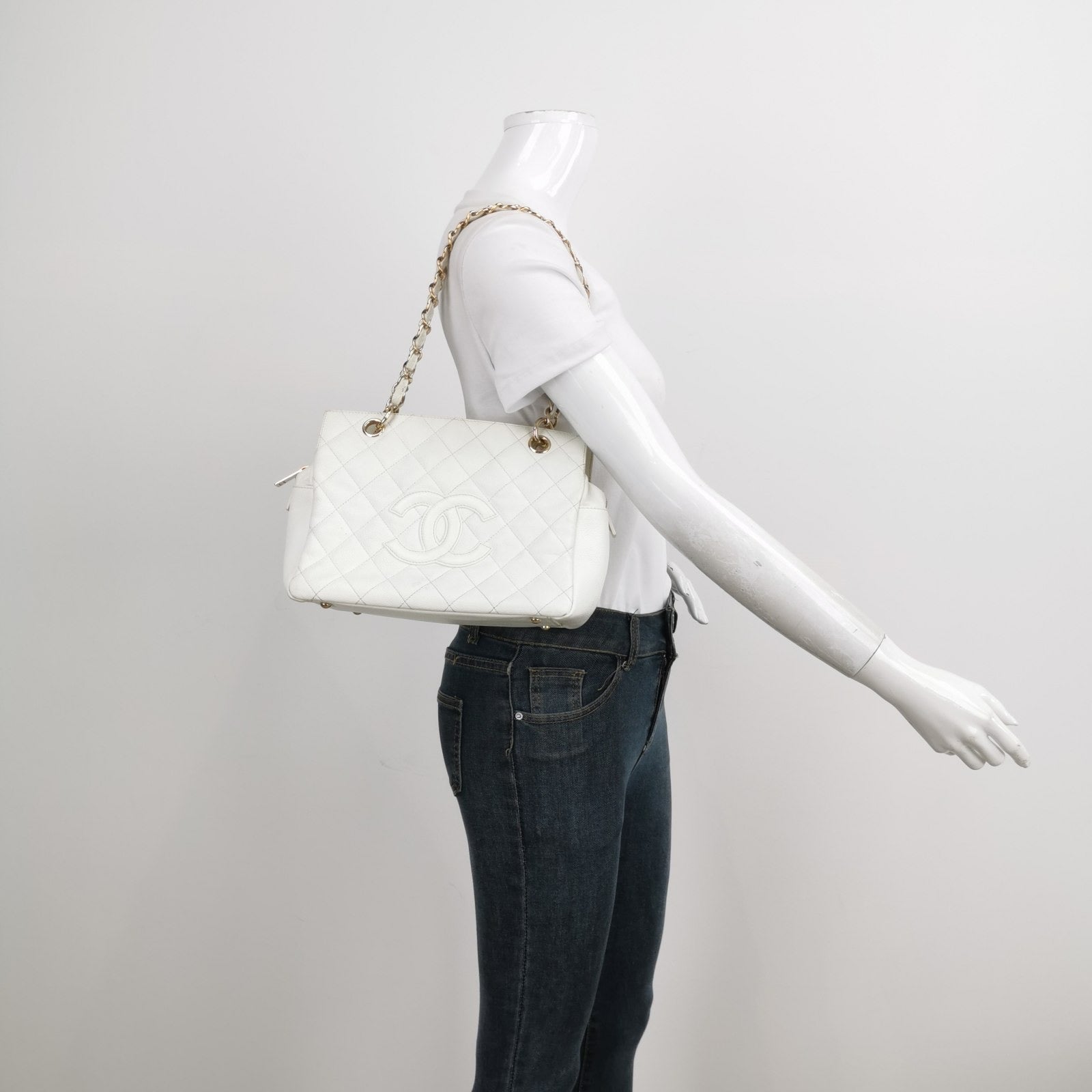 Chanel PST Petite Shopping Tote 2002 White Caviar Leather Chain Bag - Image 2