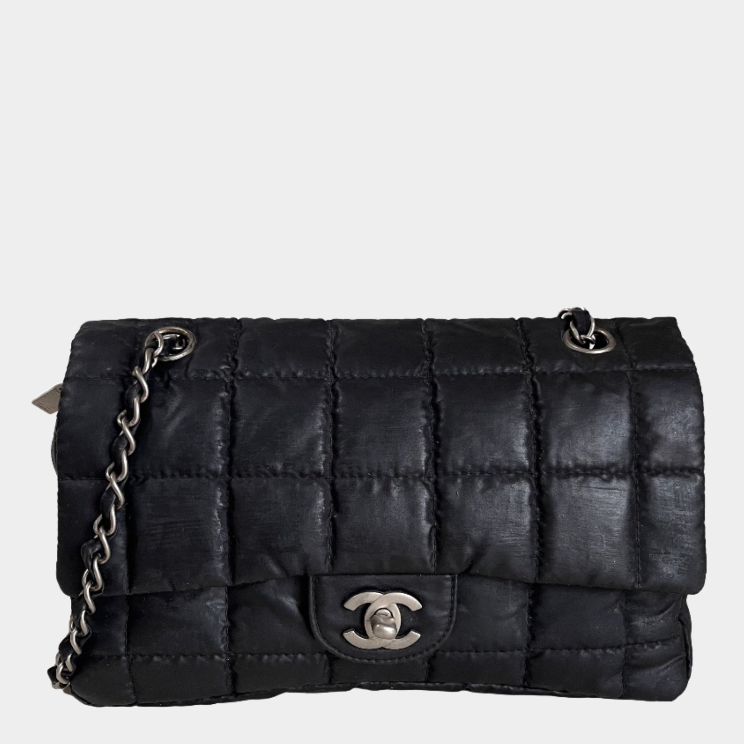 CHANEL Nylon Square Quilted Flap Bag Black Puffer Curved Bottom